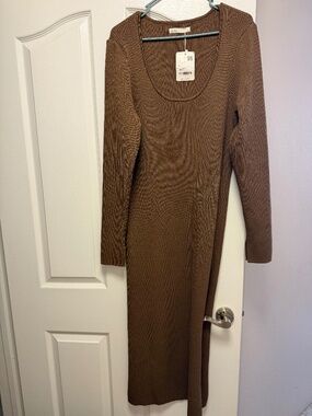 OAK + FORT Brown Knit Sweater Dress for Women, Long Sleeve, Long, XL